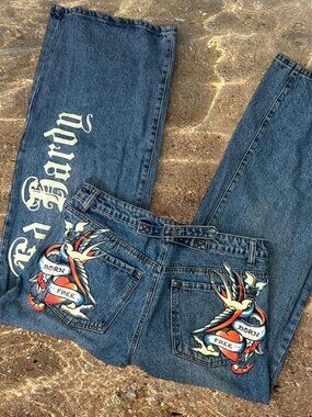 ED HARDY graphic streetwear denim jeans ⭐️ coolest baggy loose wide leg jeans